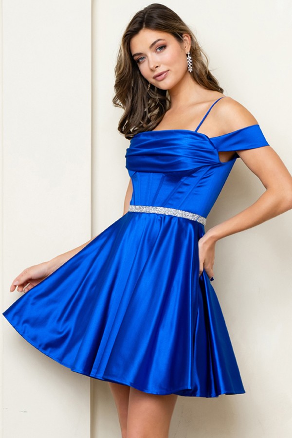 Off Shoulder Satin Short Dress W/ Jewel Belt