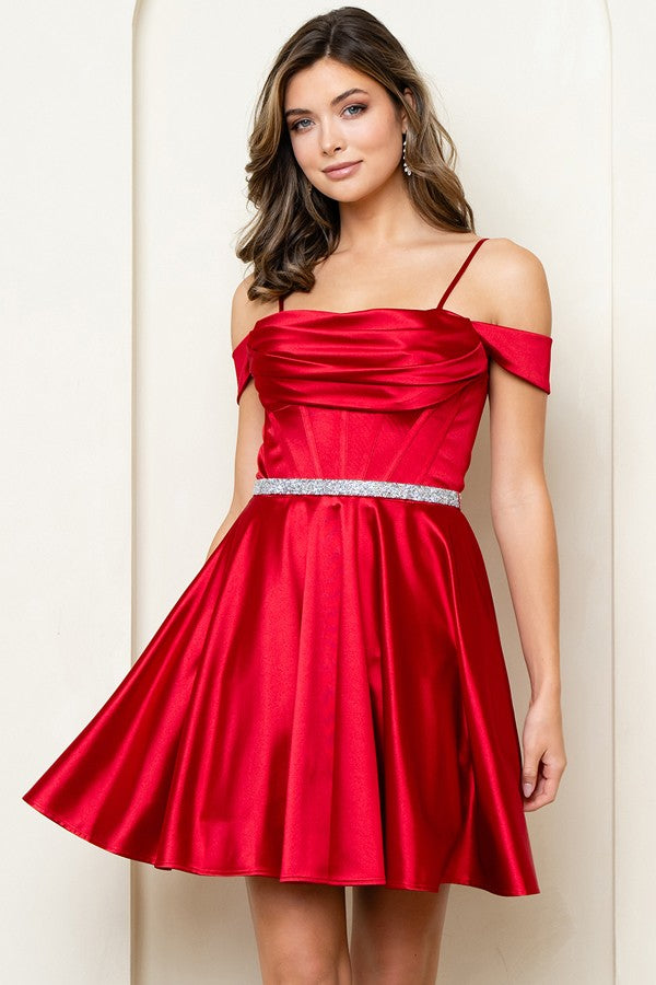 Off Shoulder Satin Short Dress W/ Jewel Belt