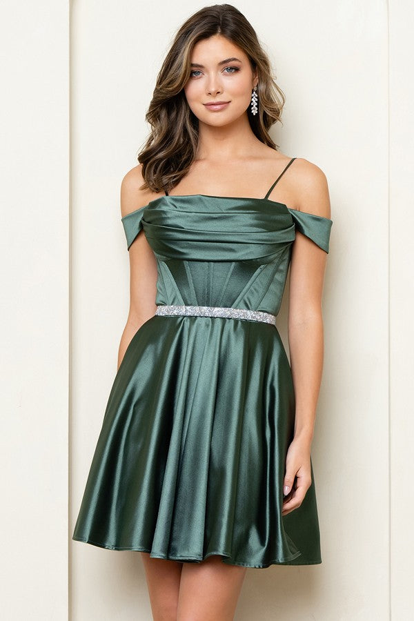 Off Shoulder Satin Short Dress W/ Jewel Belt