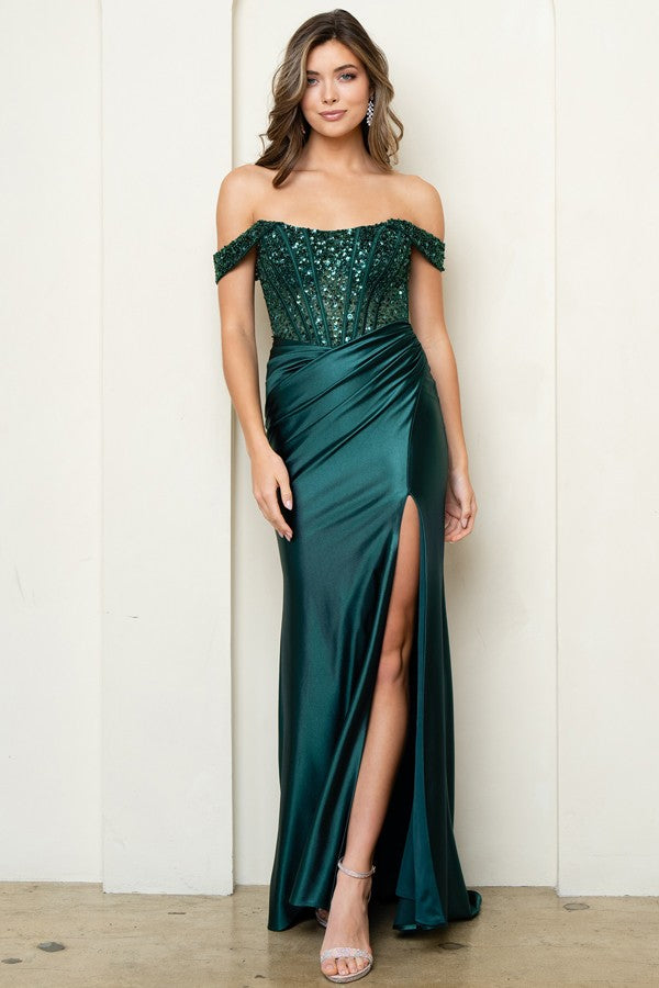 Off Shoulder Sequin Top Satin Dress