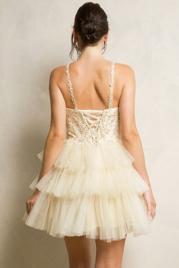 Sleeveless Embellished Top Tier Skirt Short Dress