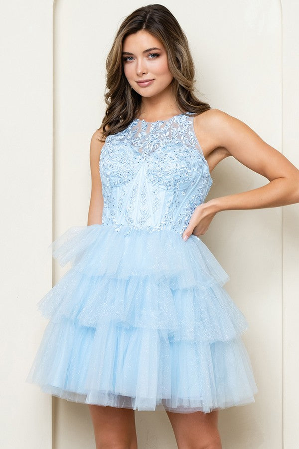 Sleeveless Embellished Top Tier Skirt Short Dress