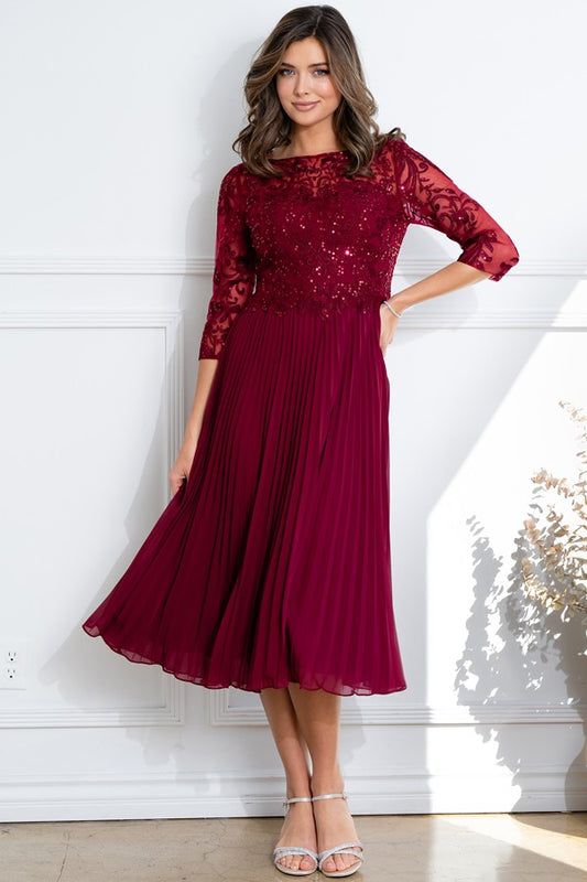 3 Quarter Sleeve Embellished Top Pleat Mob Dress
