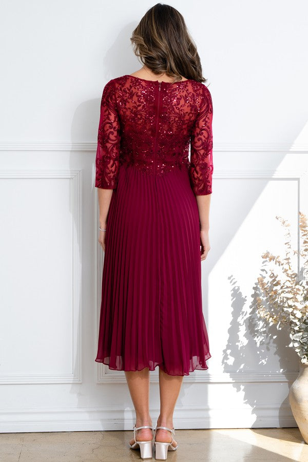 3 Quarter Sleeve Embellished Top Pleat Mob Dress