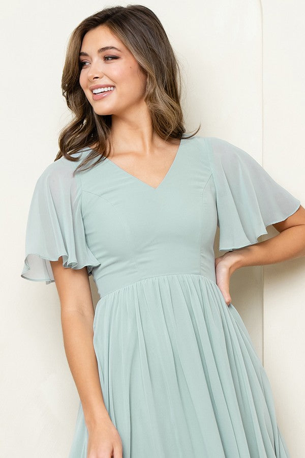 V Neckline Short Sleeve Chiffon Short Dress