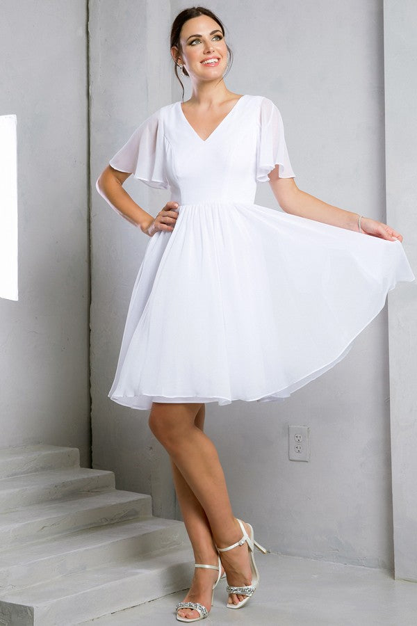 V Neckline Short Sleeve Chiffon Short Dress