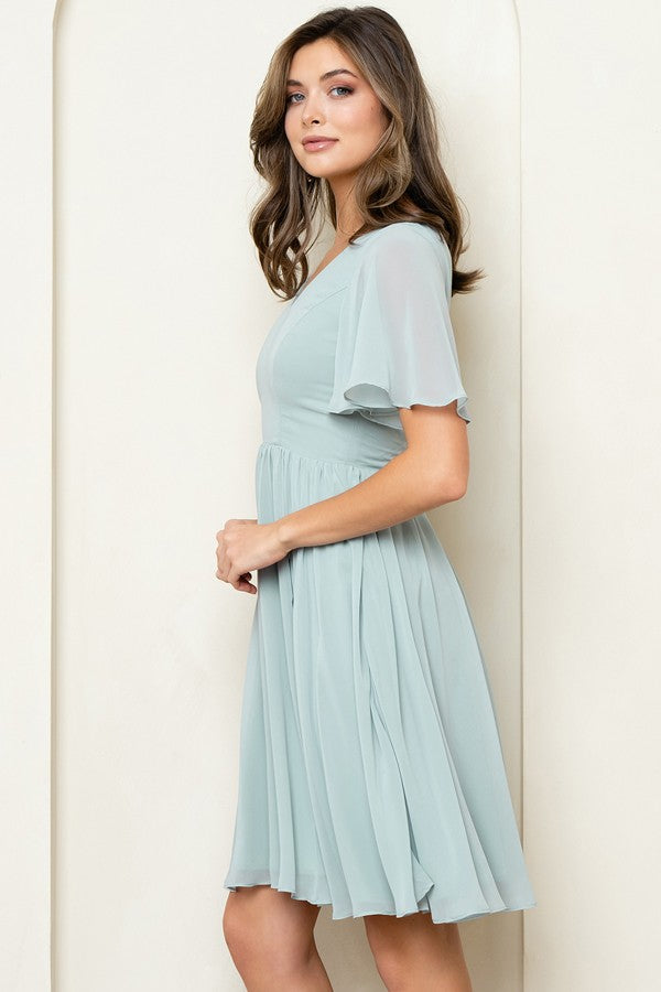 V Neckline Short Sleeve Chiffon Short Dress