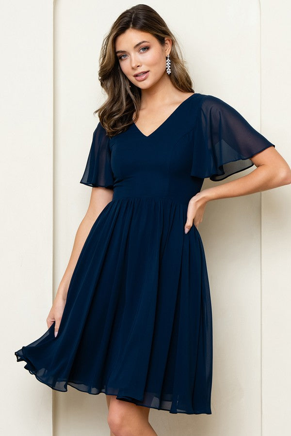 V Neckline Short Sleeve Chiffon Short Dress