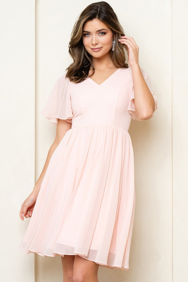V Neckline Short Sleeve Chiffon Short Dress