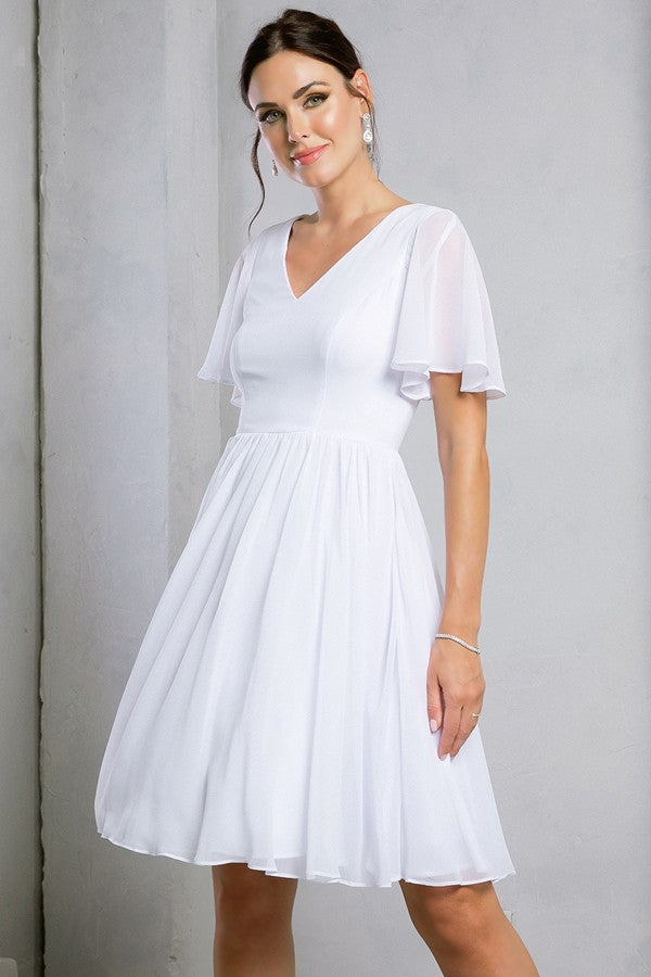 V Neckline Short Sleeve Chiffon Short Dress