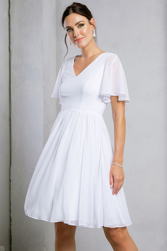 V Neckline Short Sleeve Chiffon Short Dress