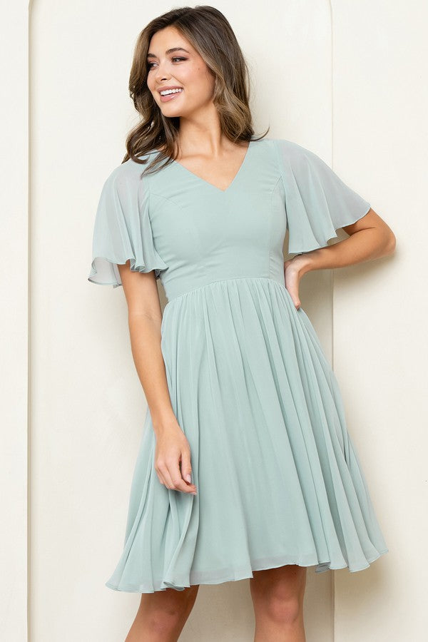 V Neckline Short Sleeve Chiffon Short Dress