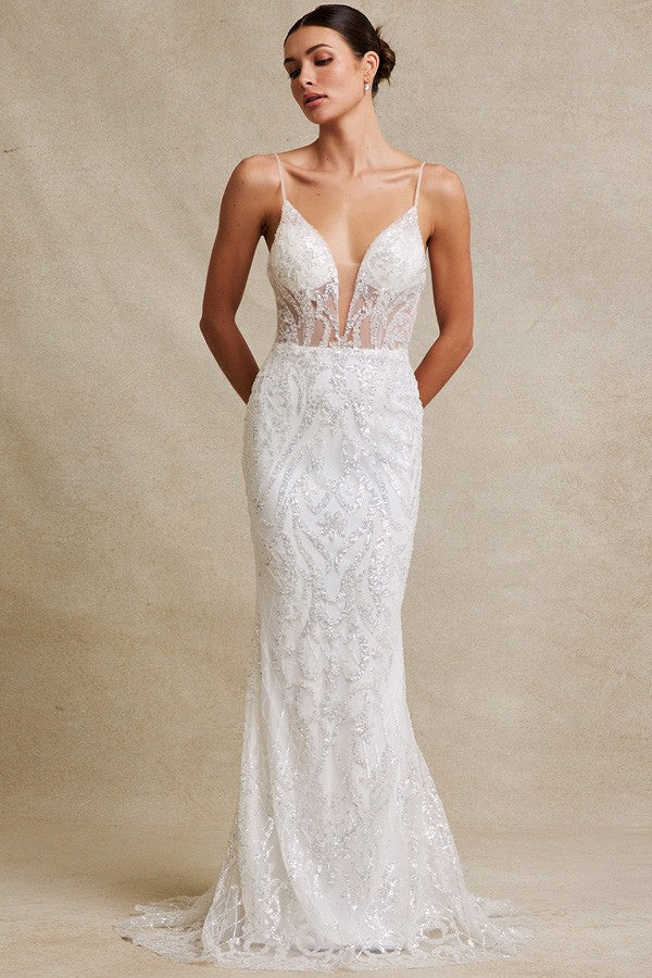 Sleeveless Skinny Straps Glitter Sequin Wedding Go