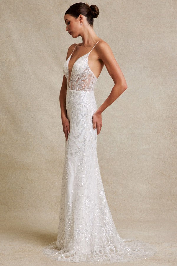 Sleeveless Skinny Straps Glitter Sequin Wedding Go