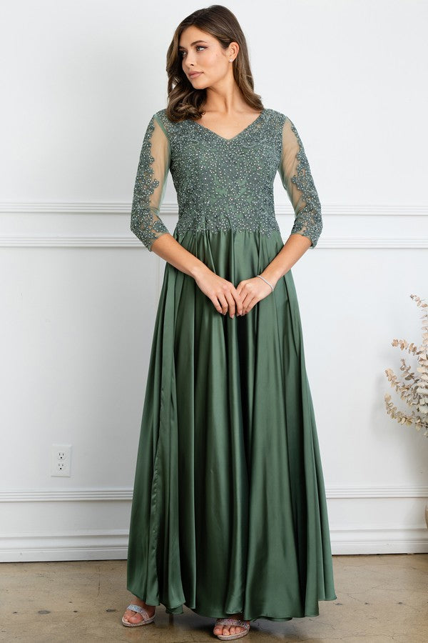 Sheer 3 Quarter Sleeve Lace Top A Line Mob Dress