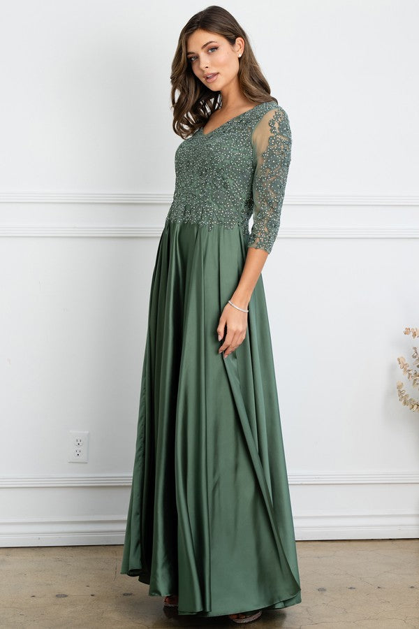 Sheer 3 Quarter Sleeve Lace Top A Line Mob Dress