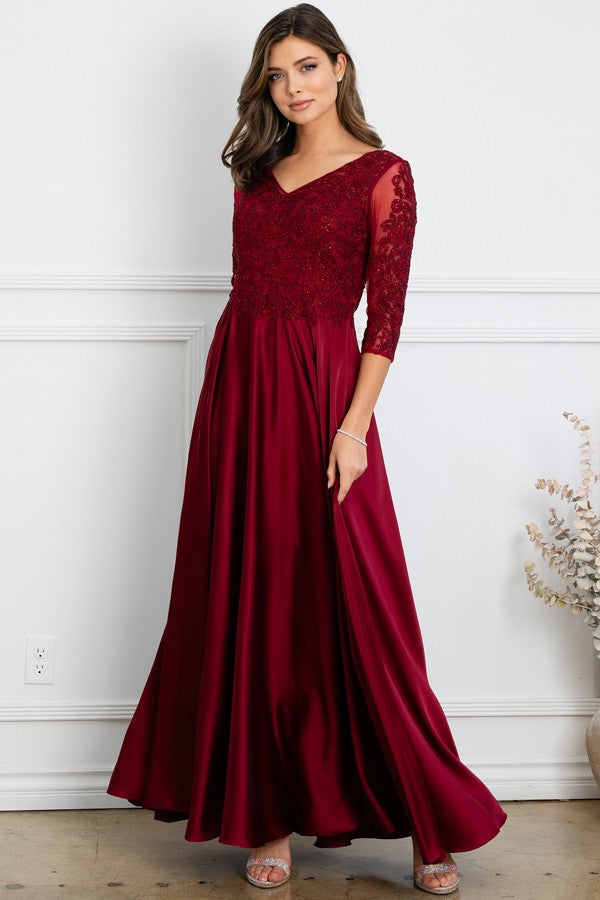 Sheer 3 Quarter Sleeve Lace Top A Line Mob Dress