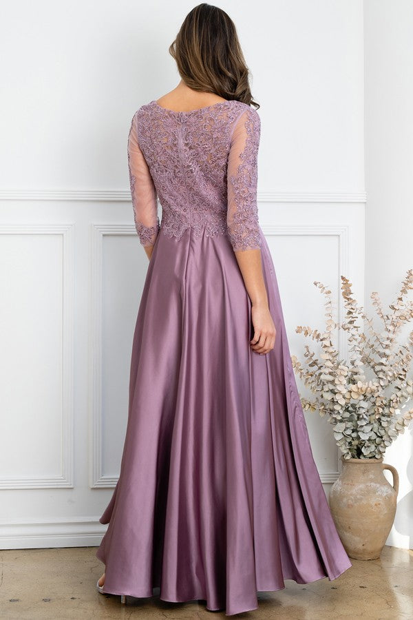 Sheer 3 Quarter Sleeve Lace Top A Line Mob Dress