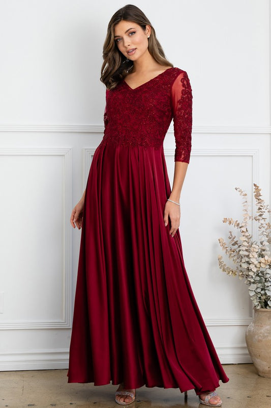 Sheer 3 Quarter Sleeve Lace Top A Line Mob Dress