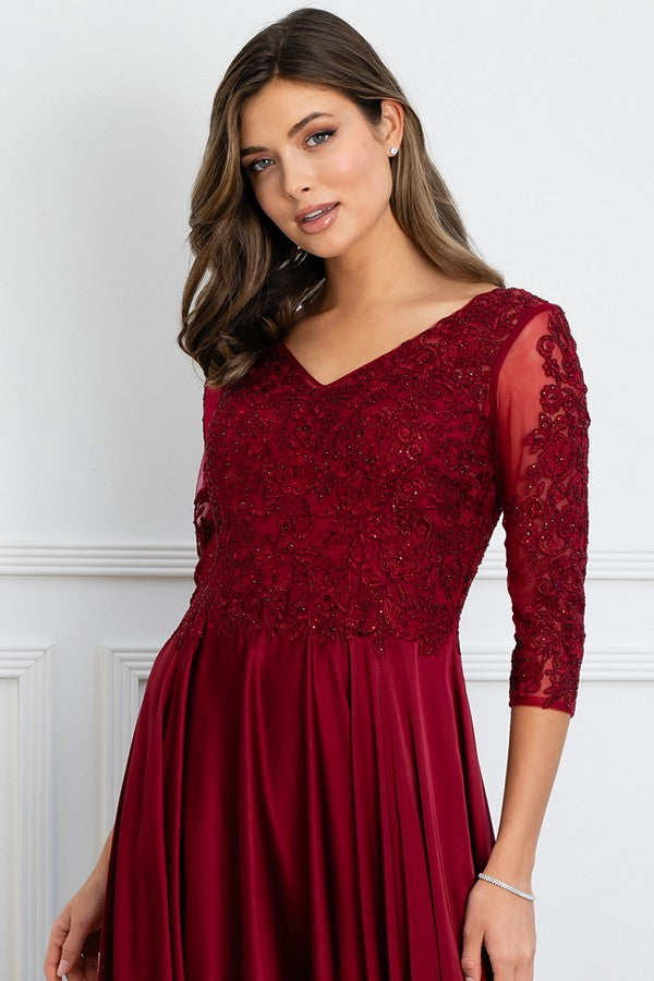 Sheer 3 Quarter Sleeve Lace Top A Line Mob Dress