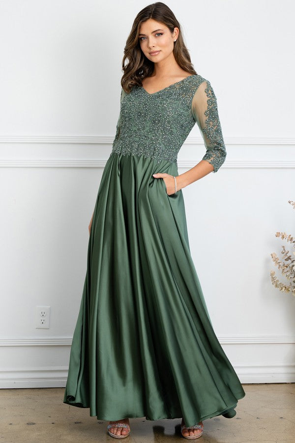 Sheer 3 Quarter Sleeve Lace Top A Line Mob Dress