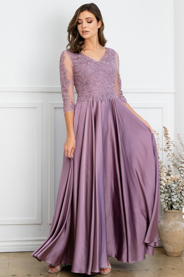 Sheer 3 Quarter Sleeve Lace Top A Line Mob Dress