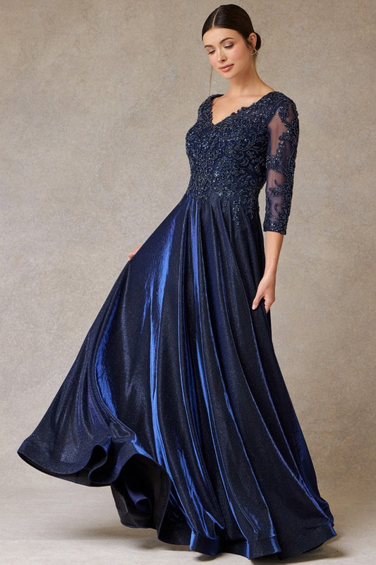 Sheer 3 Quarter Sleeve Metallic A Line Mob Dress