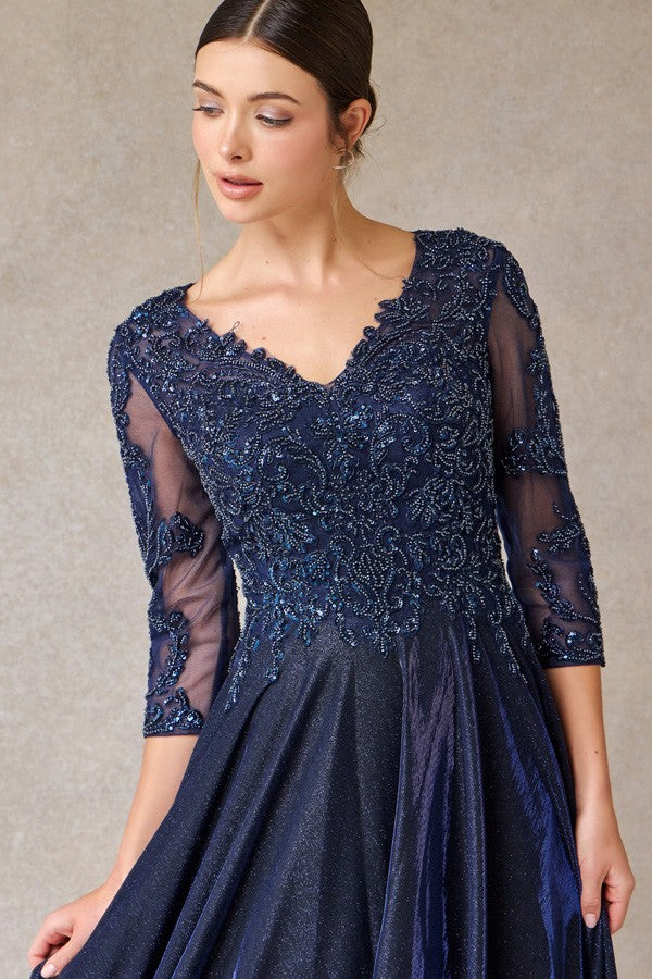 Sheer 3 Quarter Sleeve Metallic A Line Mob Dress