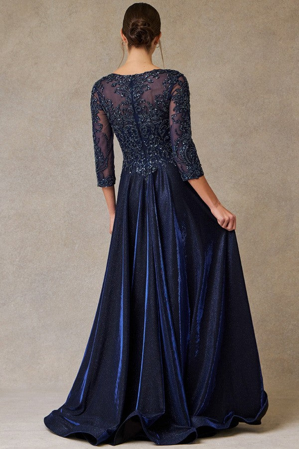 Sheer 3 Quarter Sleeve Metallic A Line Mob Dress