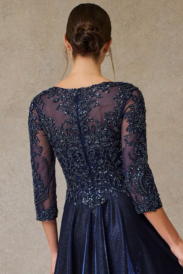 Sheer 3 Quarter Sleeve Metallic A Line Mob Dress