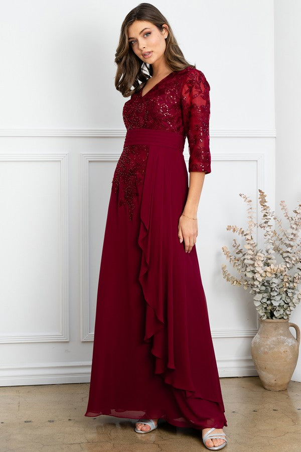 Sheer 3 Quarter Sleeve V Neckline Mob Dress