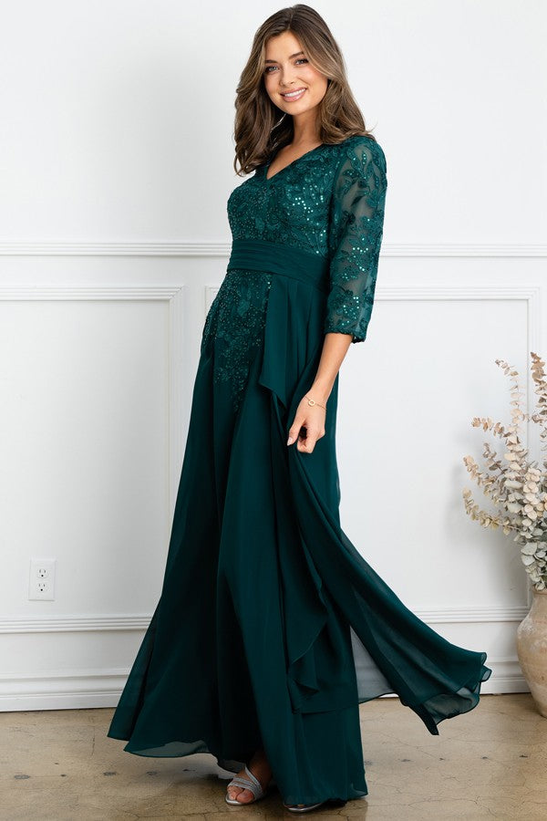 Sheer 3 Quarter Sleeve V Neckline Mob Dress