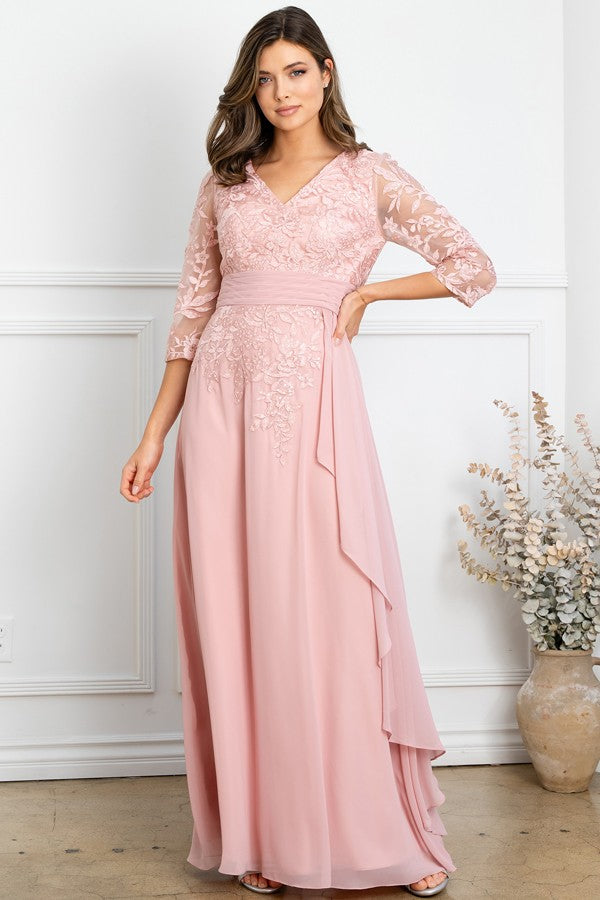 Sheer 3 Quarter Sleeve V Neckline Mob Dress