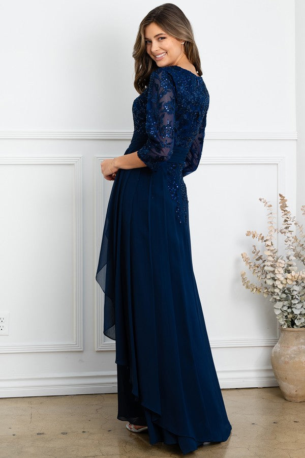 Sheer 3 Quarter Sleeve V Neckline Mob Dress