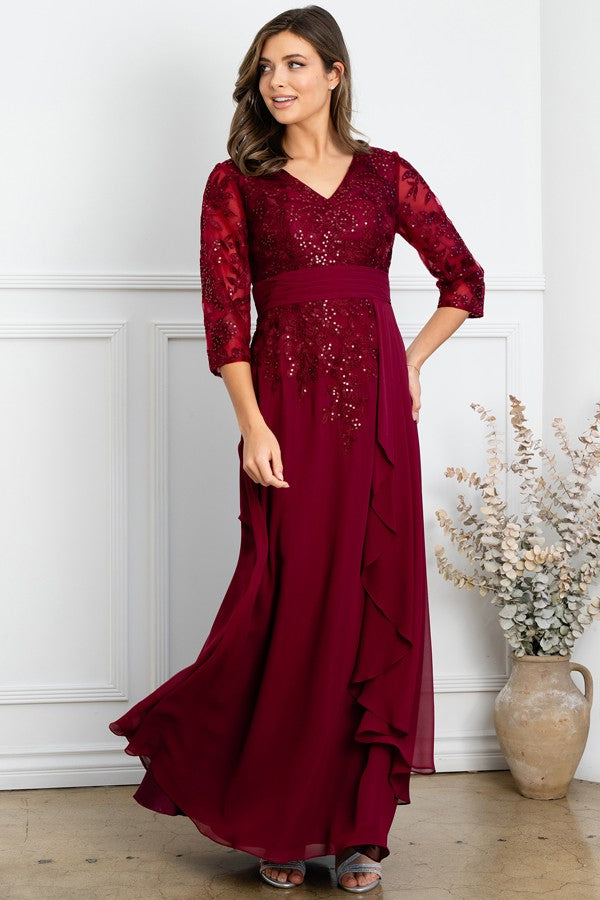 Sheer 3 Quarter Sleeve V Neckline Mob Dress