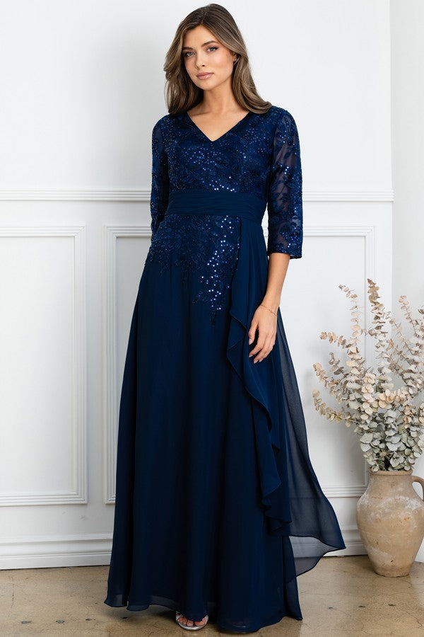 Sheer 3 Quarter Sleeve V Neckline Mob Dress