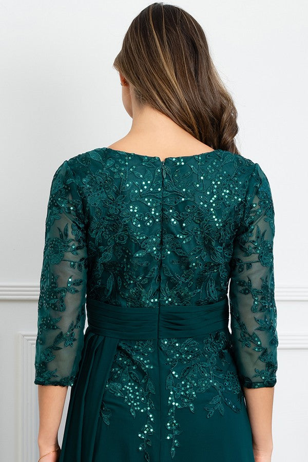 Sheer 3 Quarter Sleeve V Neckline Mob Dress