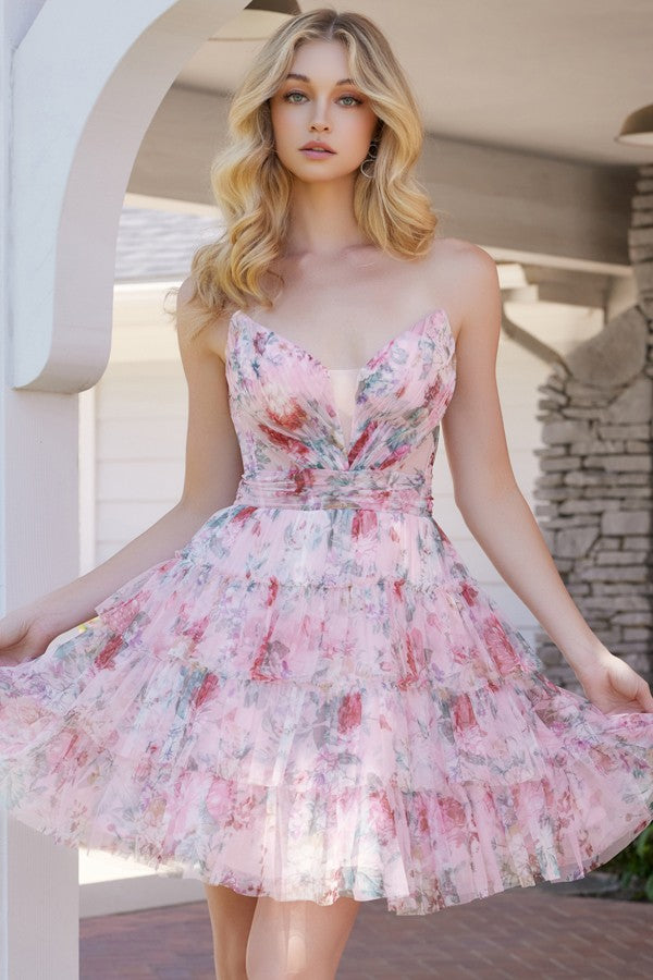 Strapless Floral Print Pleat Mini Dress