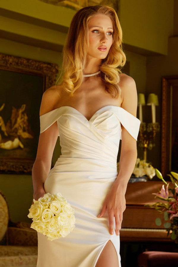 Off Shoulder Bow Back Pleated Wedding Dress