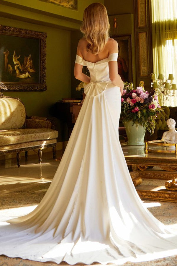 Off Shoulder Bow Back Pleated Wedding Dress