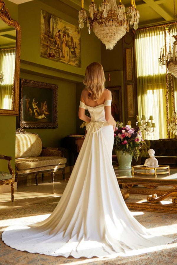 Off Shoulder Bow Back Pleated Wedding Dress