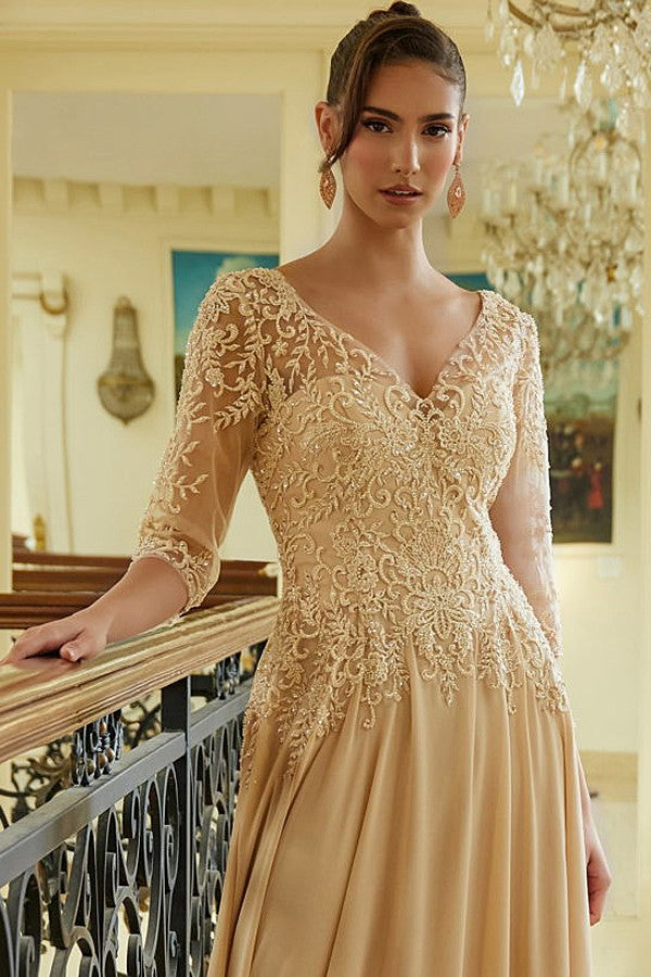 3 Quarter Sleeve V Neckline Chiffon Mob Dress