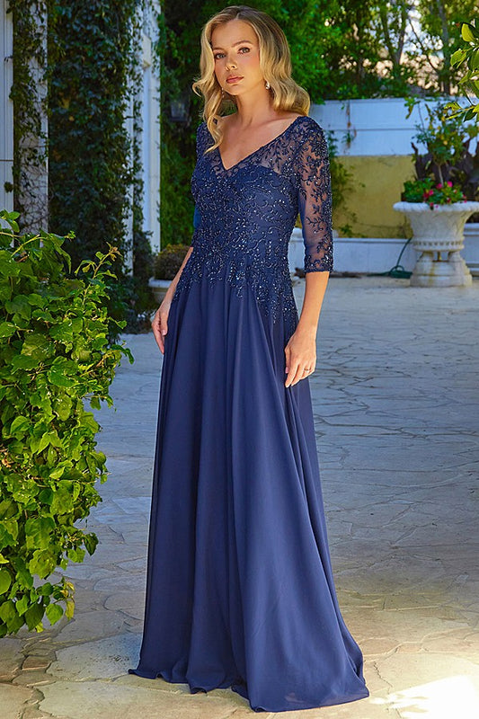 3 Quarter Sleeve V Neckline Chiffon Mob Dress