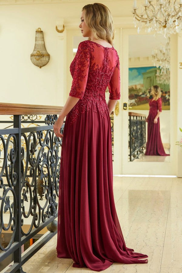 3 Quarter Sleeve V Neckline Chiffon Mob Dress