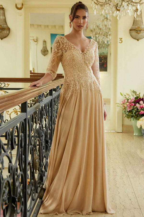 3 Quarter Sleeve V Neckline Chiffon Mob Dress