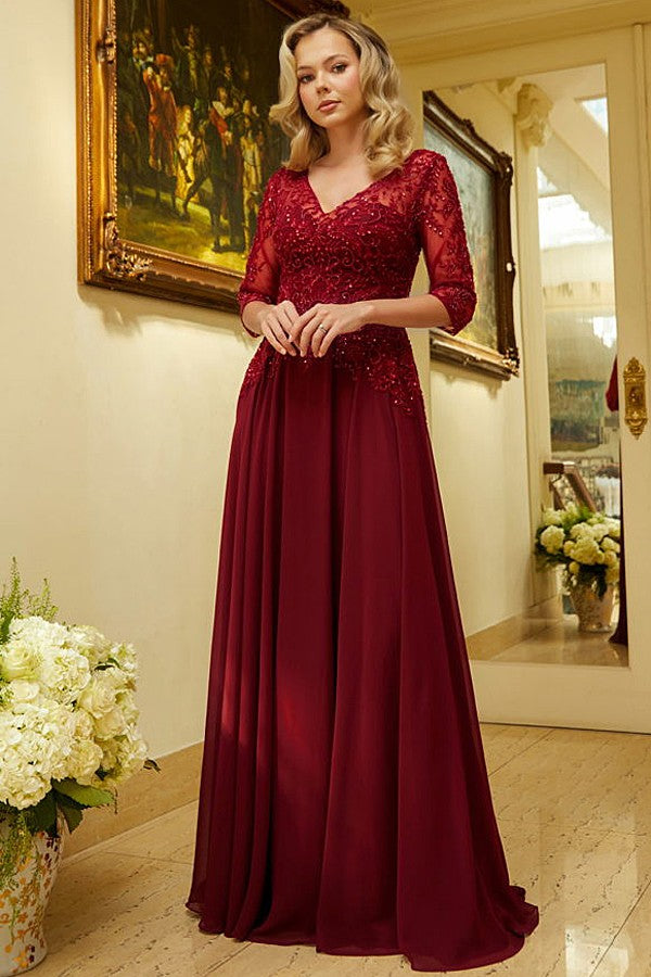 3 Quarter Sleeve V Neckline Chiffon Mob Dress