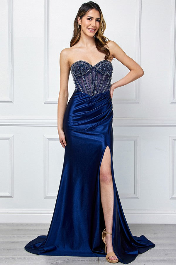 Strapless Sweetheart Neckline Jewel Top Satin Dres