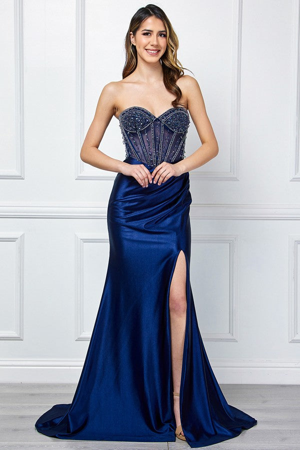 Strapless Sweetheart Neckline Jewel Top Satin Dres