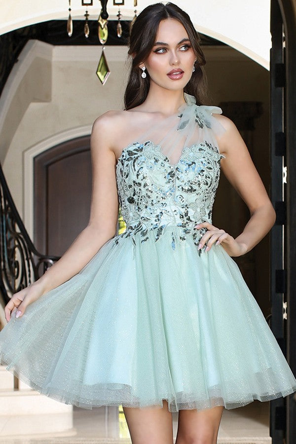 One Shoulder Embroidery/sequin Top Cocktail Dress