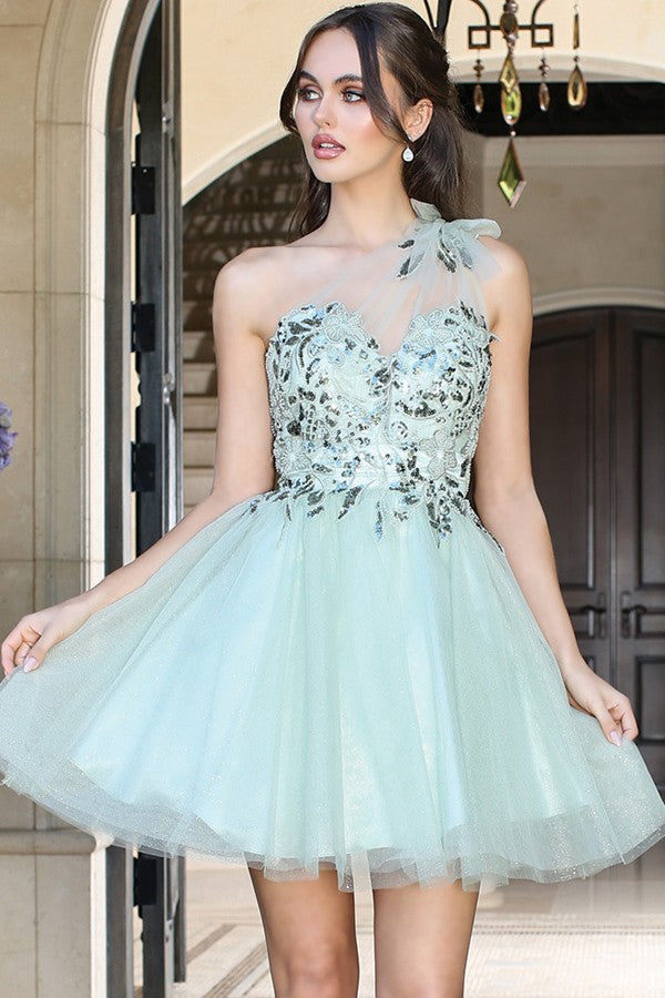 One Shoulder Embroidery/sequin Top Cocktail Dress